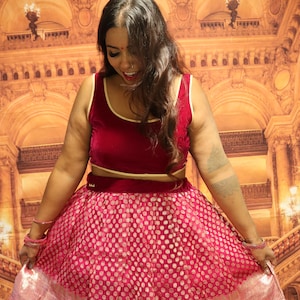 Velvet Maroon Crop Top and  Pink Banarasi Skirt Set – Festive & Party Wear Ensemble