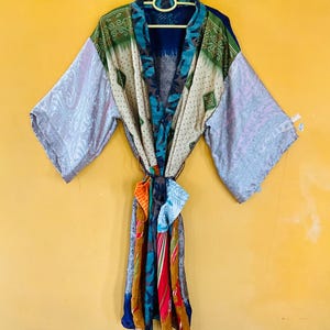 Vintage Silk Kimono Robe: Patchwork Indian Art, Boho Dressing Gown