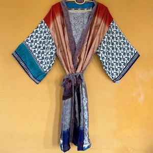 assorted Patchwork Silk Kimono Robe, Multicolored One Size Dressing Gown, Recycled Sari Fabric