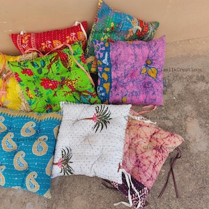 Chair pad - Set of 8 Vintage Kantha Floral Chair Pad, Recycled Sari Chair Cushion,Handmade Chair pad, Square Chair Pad Custom Size Available
