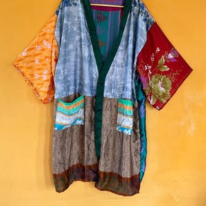 assorted Upcycled Sari Silk Kimono Robe: Boho Patchwork Duster with Pockets