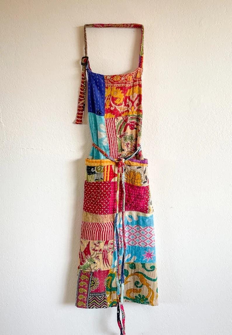 Handmade Kantha Vintage Quilt Apron Reversible Cotton Kitchen