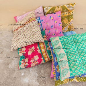Chair pad - Set of 4 Vintage Kantha Colourful Floral Chair Pad,Sari Chair Cushion,Handmade Chair pad, Square Chair Pad Custom Size Available
