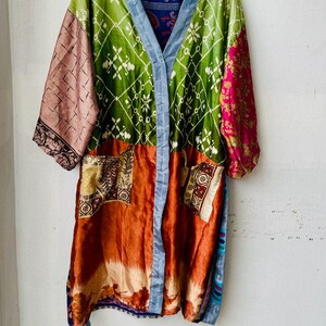 Vintage Recycled Silk Kimono Robe: Patchwork Boho Loungewear Bath kiminos Gown
