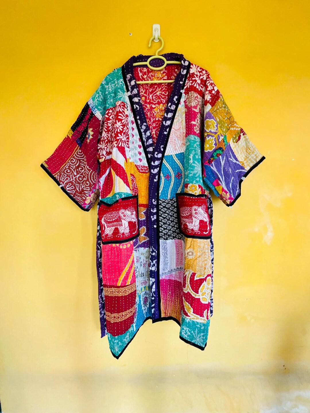 Kantha Robe Vintage Kantha Quilted Kimono Robe, Patchwork Cotton Dressing Gown ...
