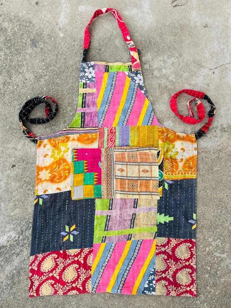 Handmade Kantha Vintage Quilt Apron Reversible Cotton Kitchen