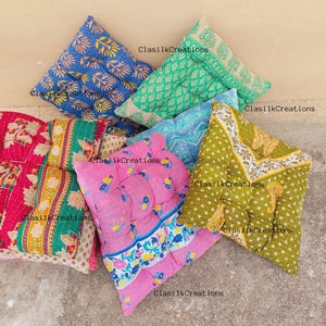 Chair pad - Vintage Kantha Chairpad, Recycled Sari Chair Cushion,Handmade Chair pad, Square Chair Pad, Custom Size Available 6 Pcs Set
