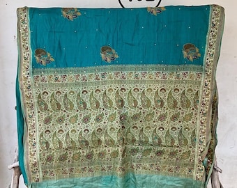 Rare Vintage Turquoise Silk Saree | Indian Festival Wedding Wear Textile