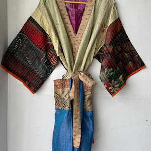 Bohemian Kantha Quilt Kimono – Upcycled Indian Silk Robe, Festival Jacket