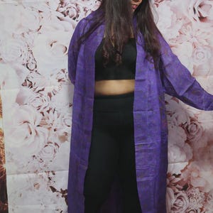 Royal Purple Silk Robe – Handmade Vintage Sari Kimono Duster | Long Boho Lounge Wear
