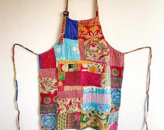 Handmade Patchwork Kantha Apron, Bohemian Quilted Cotton Kitchen Chef Apron