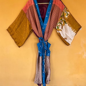Vintage Indian Silk Saree Kimono Robe – Handmade Bohemian Patchwork Dressing Gown