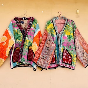 Handmade Kantha Floral Jacket – Vintage Indian Cotton Quilted Boho Coat