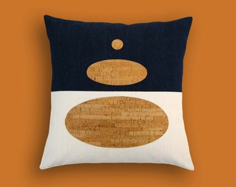 Indigo Denim and Cork Modern Decorative Pillow 17 x 17 inches