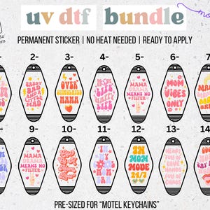 May include: A set of 14 colorful, pre-sized motel keychains with various mom-themed phrases and designs. The keychains are perfect for adding a personal touch to your keys or bag.