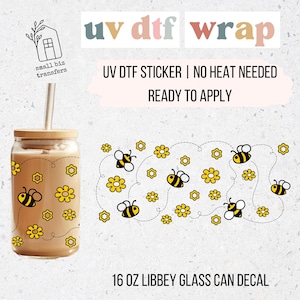 Bees UV DTF Cup Wrap for 16oz Libbey Glass Can | Summer Glass Can Decal | Ready to Apply Sticker | Iced Coffee Cup Wrap | Custom UVDTF