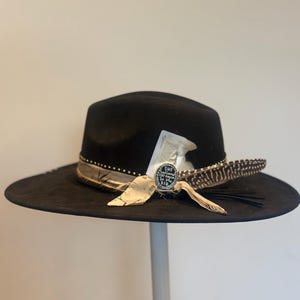 The Gambler | Black Bespoke Fedora with Feather & Vintage Script Band – Handcrafted Statement Hat