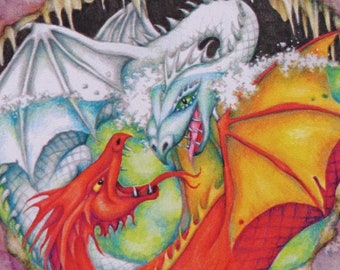 Welsh Dragon Card - red and white dragons fighting - Dinas Emrys