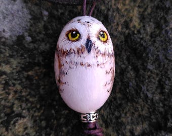 Snowy Owl Necklace - wooden painted pyrography pendant