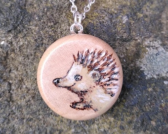 Handmade Pyrography Hedgehog Necklace: OOAK Wood Pendant, brooch or magnet