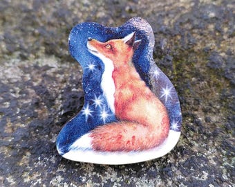 Starry Fox Wooden Pin - sitting fox badge