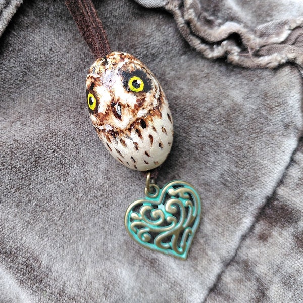 Owl Pendant - short-eared owl with filigree heart - painted pyrography necklace