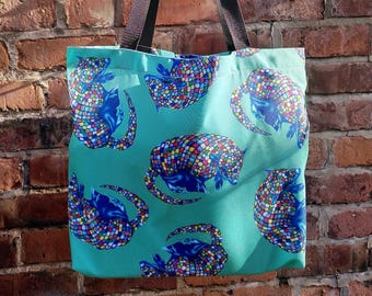 Armadillo Printed Tote Bag - turquoise and multicoloured
