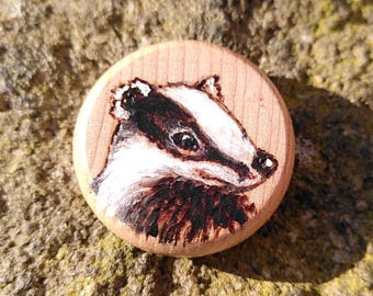 Badger Brooch, Pendant or Magnet - OOAK painted pyrography artwork, customer chooses jewellery type