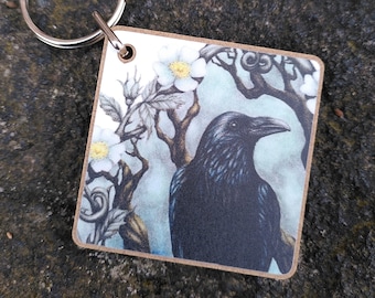Raven keyring or bag charm - illustrated wooden keyfob with corvid and wild rose