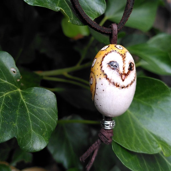 Barn Owl Necklace - wooden painted pyrography pendant