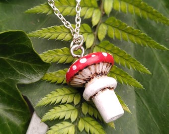 Handmade Wooden Toadstool Necklace - Painted Pyrography - Fly Agaric