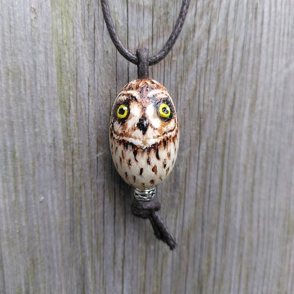 Owl Necklace - wooden painted pyrography pendant - short-eared owl