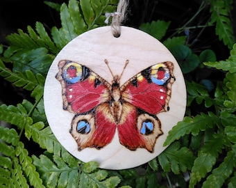 Peacock Butterfly wall art ornament - ready to hang painted pyrography