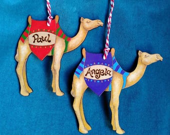 Personalised Camel Christmas Ornament: Hand-painted Bauble with Custom Name