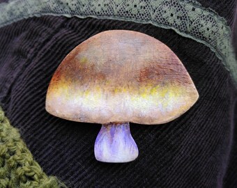 Field Blewit Mushroom Brooch - Painted Pyrography - Wooden Jewellery