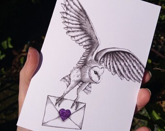 Owl Post Card - Blank with Barn Owl and glitter love heart in choice of colours - wedding, engagement, birthday or anniversary