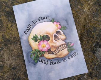 Macbeth Postcard - 'Fair is Foul' Shakespeare quote with skull and roses