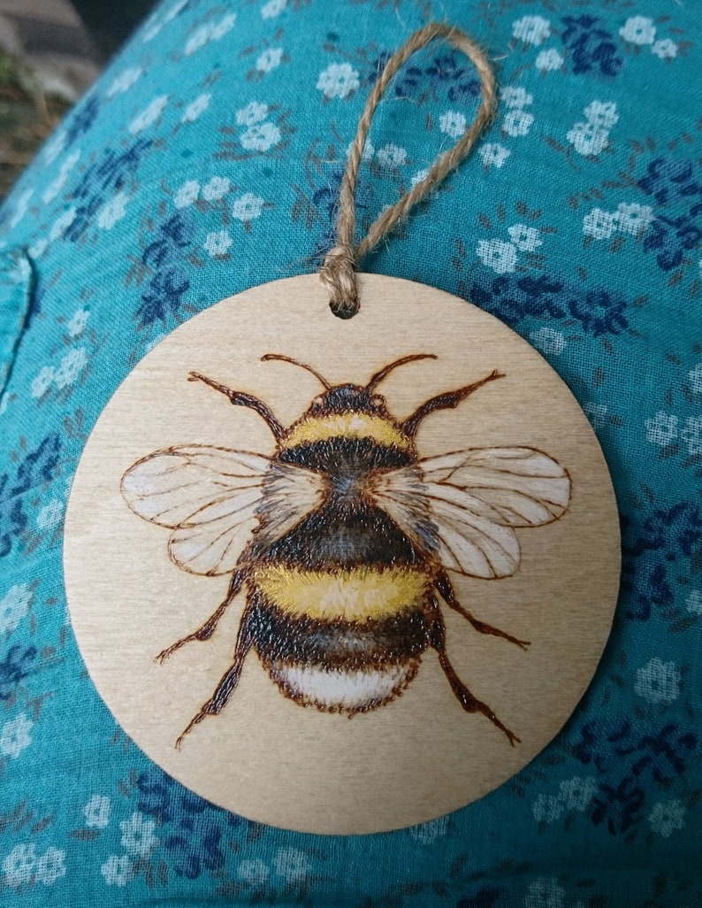 Bumblebee wall art gold painted pyrography hanging bee ornament