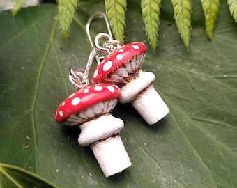 Toadstool Earrings - hand painted wooden pyrography mushrooms