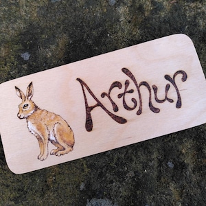 Hare door plaque - personalised name plate, maybe for kids room - painted pyrography