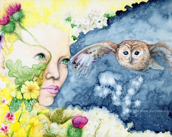 Blodeuwedd Art Print - inspired by the Mabinogion - owl and flowers