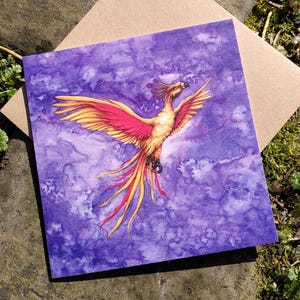 Night Phoenix Greetings Card - leere quadratische Karte mit fliegendem Feuervogel
