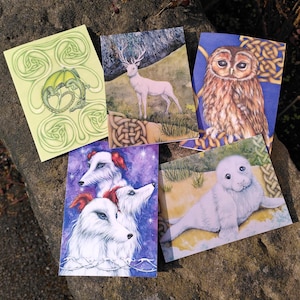 Ensemble de cartes entrelacées celtiques - Légendes galloises, art animalier et dragon - 5 modèles de cartes de voeux
