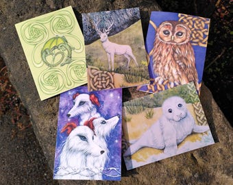 Celtic Knotwork Card Set - Welsh legends, animal art and dragon - 5 greetings card designs