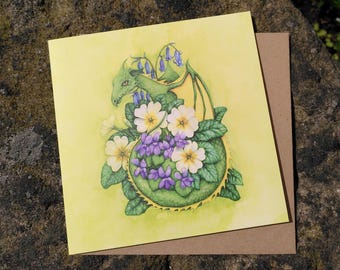 Spring Dragon Card – Watercolour Floral Fantasy Art, Blank Greetings Card