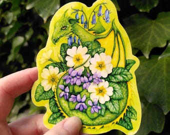 Floral Spring Dragon Sticker: primroses, violets and bluebells, 10cm vinyl
