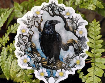 Raven Sticker: 10cm weatherproof vinyl decal with wild roses