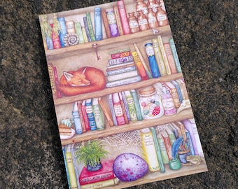 Book Postcard - magical bookcase art card with a sleeping fox