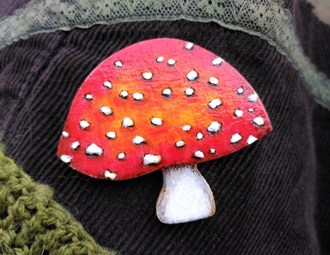 Fly Agaric Toadstool Wooden Brooch - Painted Pyrography Mushroom ...