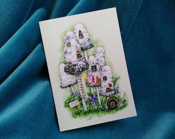 Toadstool Fairy House Card - blank greetings card with mushrooms